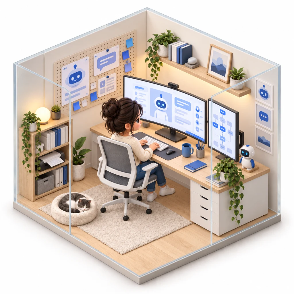 Support Chatbot Builder box — miniature isometric workroom