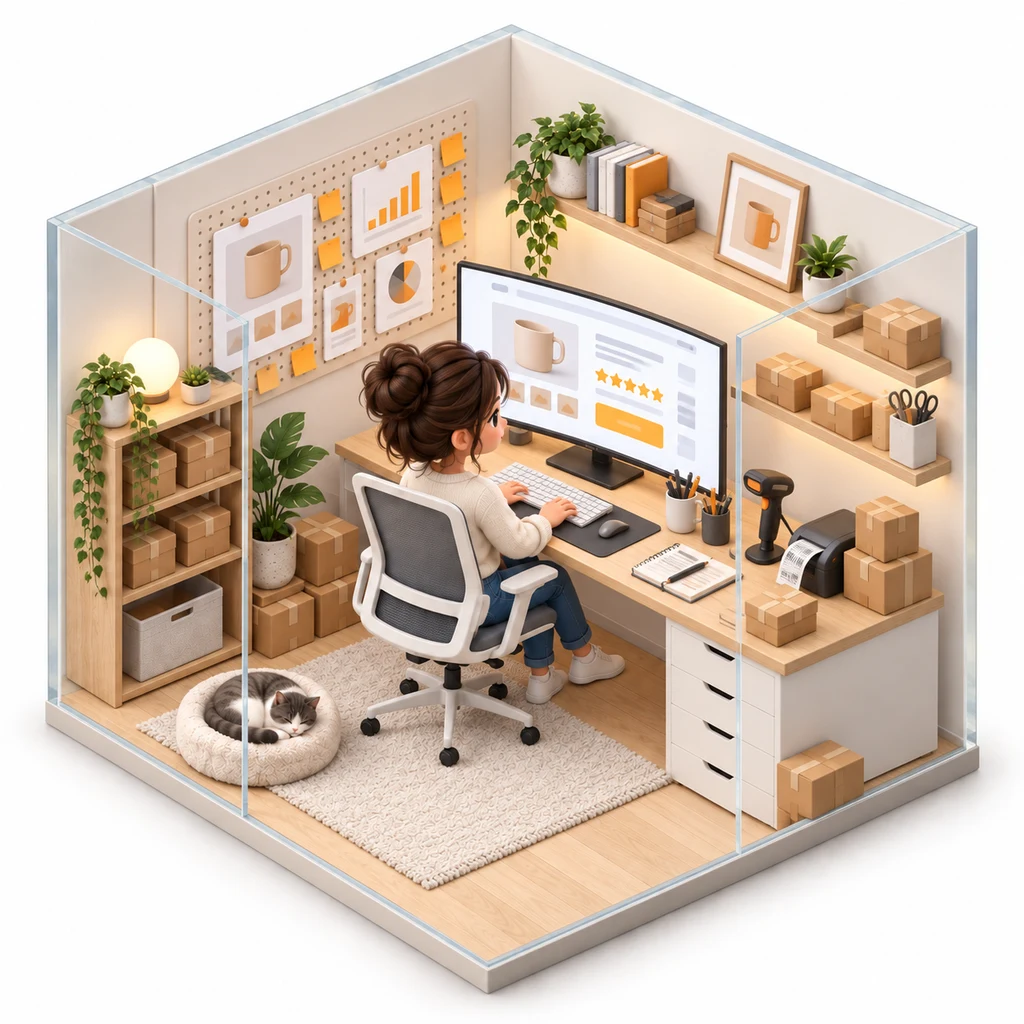 Amazon Listing Optimiser box — miniature isometric workroom