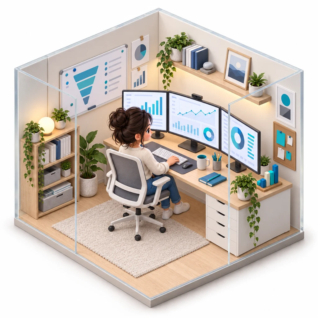 Analytics Dashboard box — miniature isometric workroom