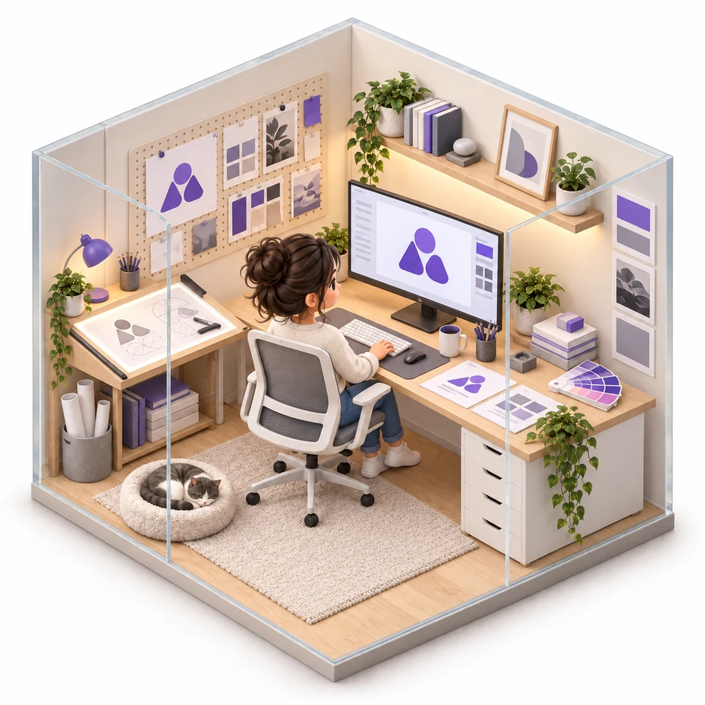 Brand Launch Kit box — miniature isometric workroom