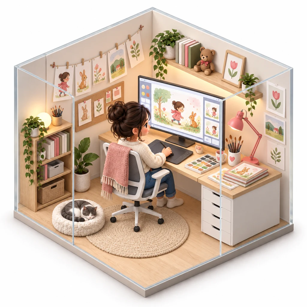 Children's Storybook Studio box — miniature isometric workroom