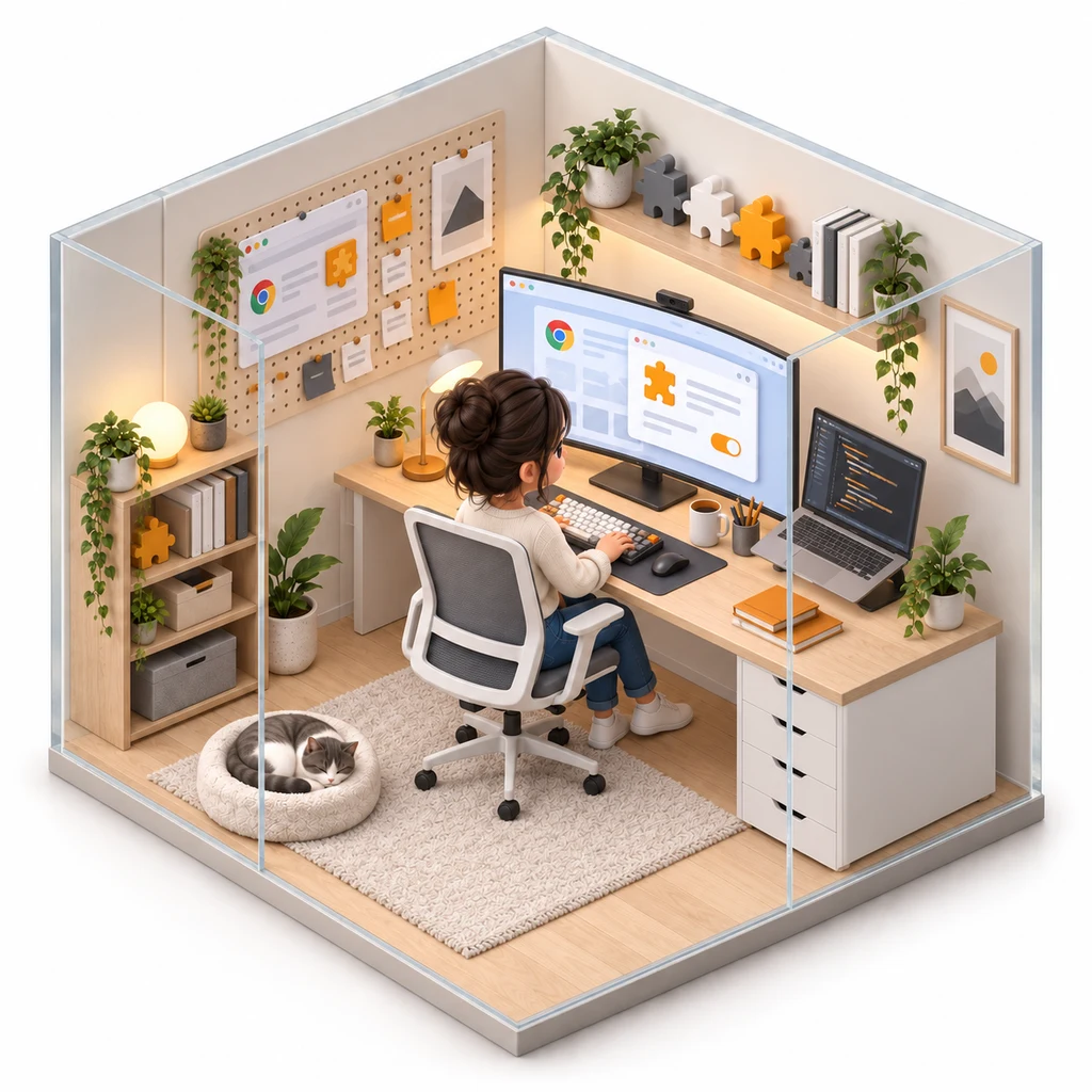 Chrome Extension Builder box — miniature isometric workroom