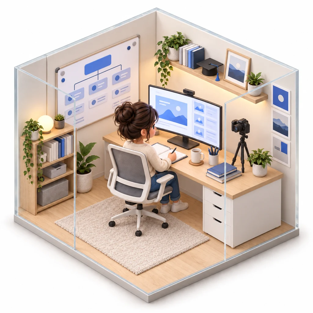 Course Builder box — miniature isometric workroom