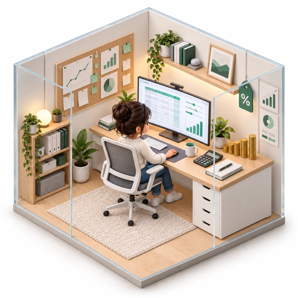 Dynamic Pricing Model box — miniature isometric workroom
