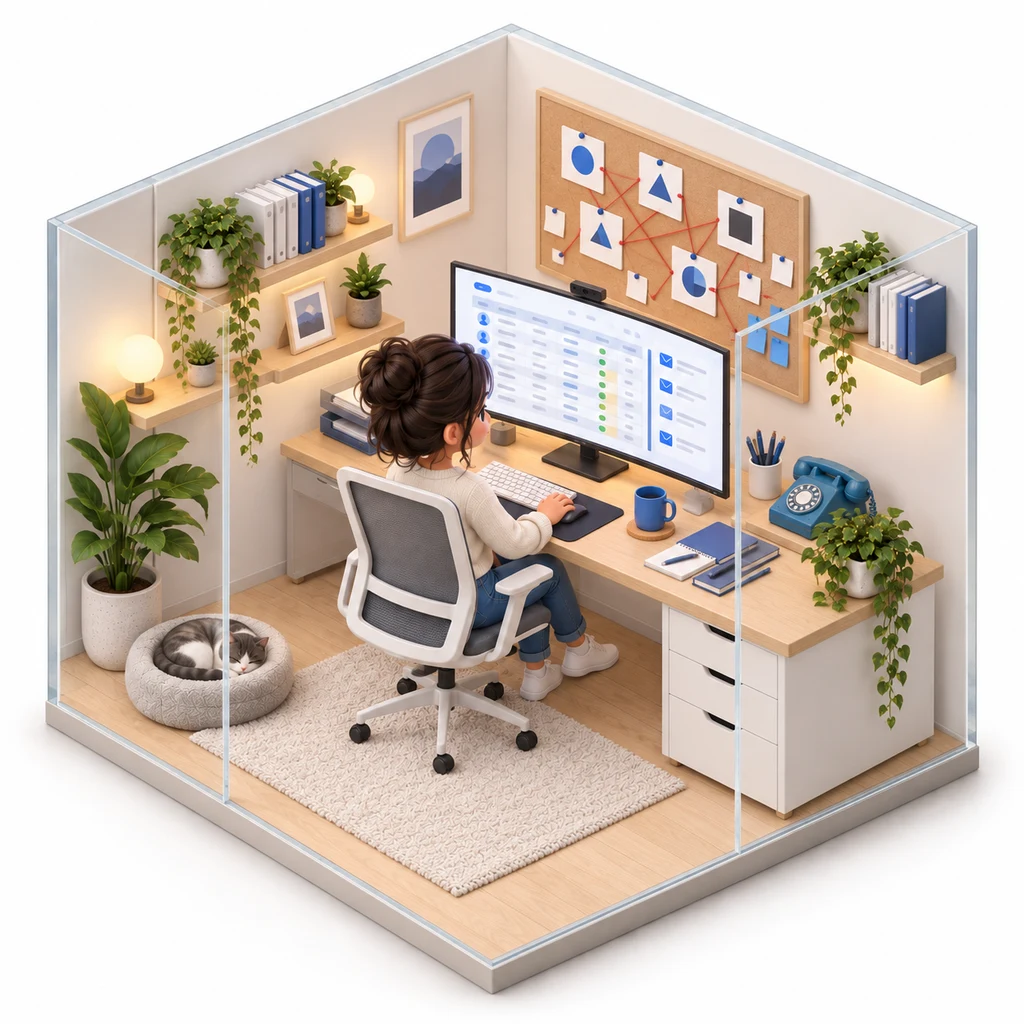 Cold Outreach Desk box — miniature isometric workroom
