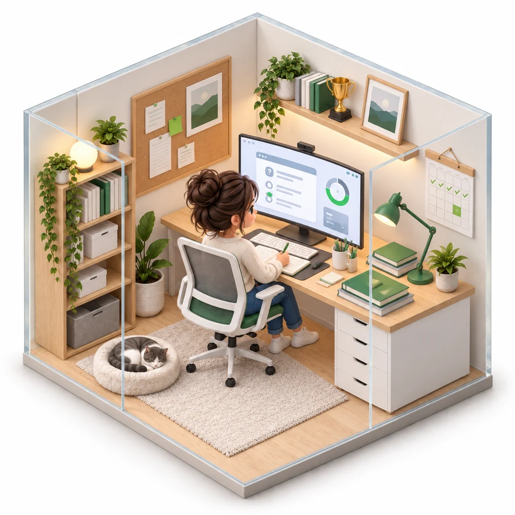 Exam Prep Tutor box — miniature isometric workroom