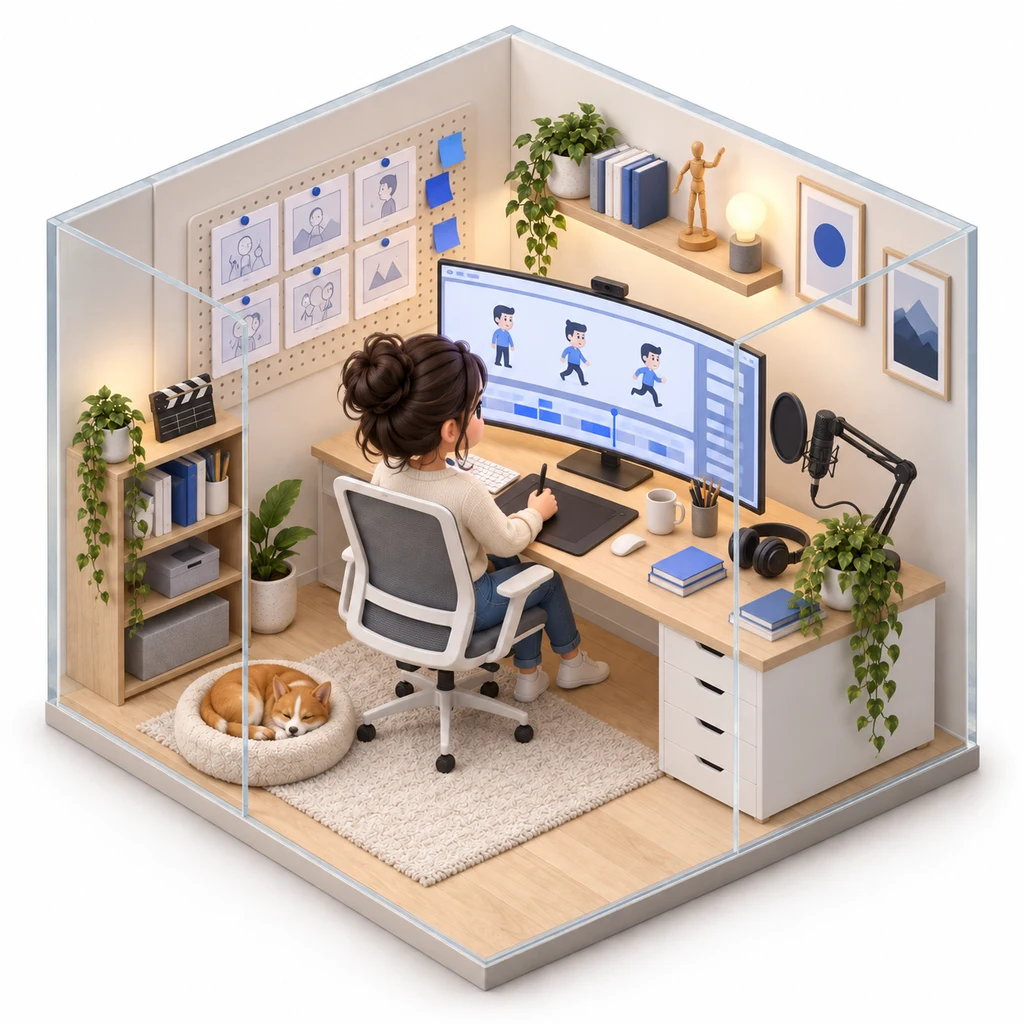 Explainer Video Studio box — miniature isometric workroom
