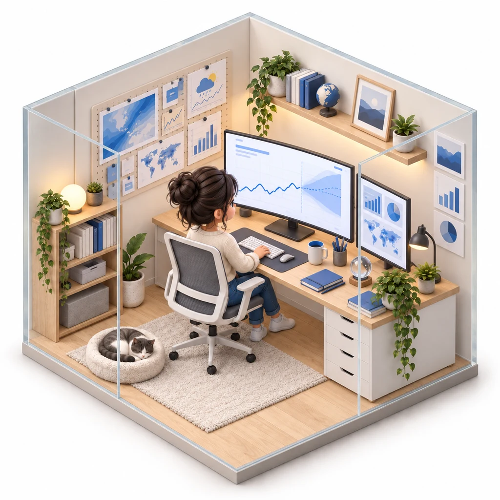 Forecasting Lab box — miniature isometric workroom