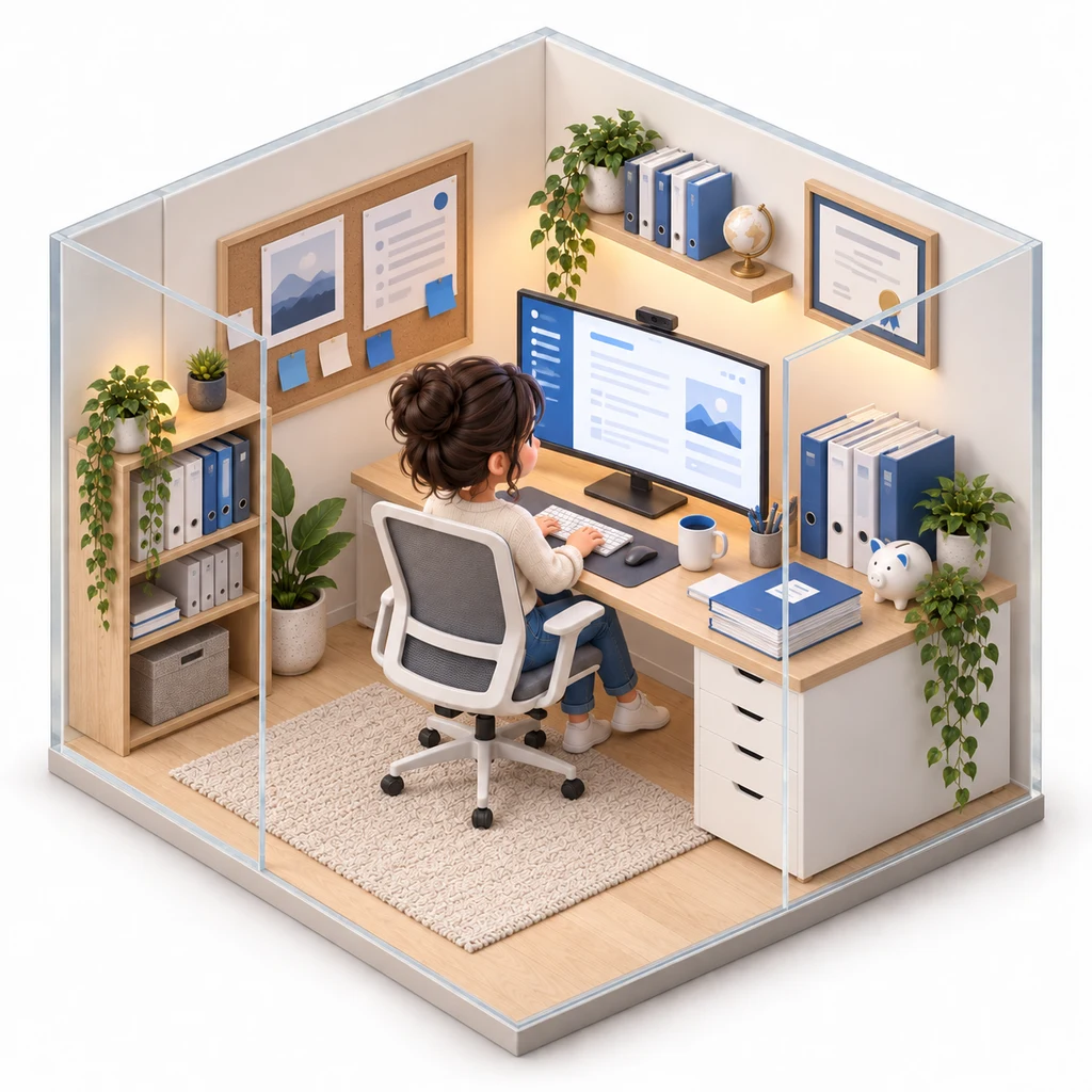 Grant Writer box — miniature isometric workroom