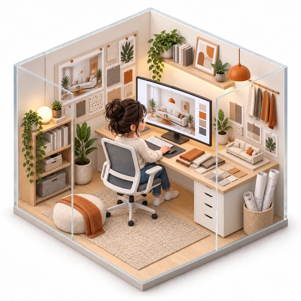 Interior Design Studio box — miniature isometric workroom