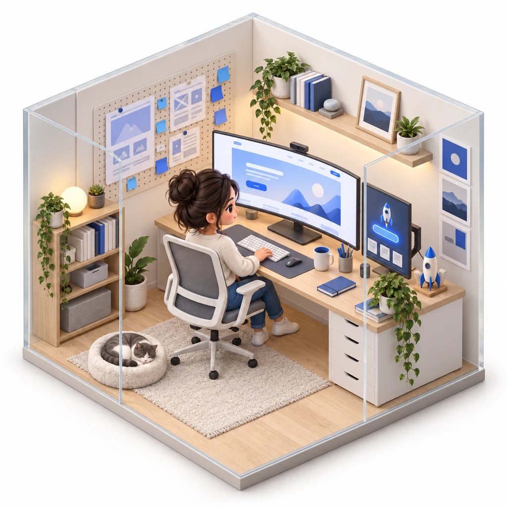 Landing Page Generator box — miniature isometric workroom