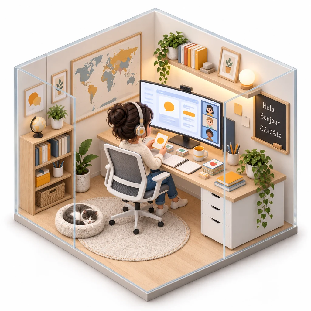 Language Assistant box — miniature isometric workroom