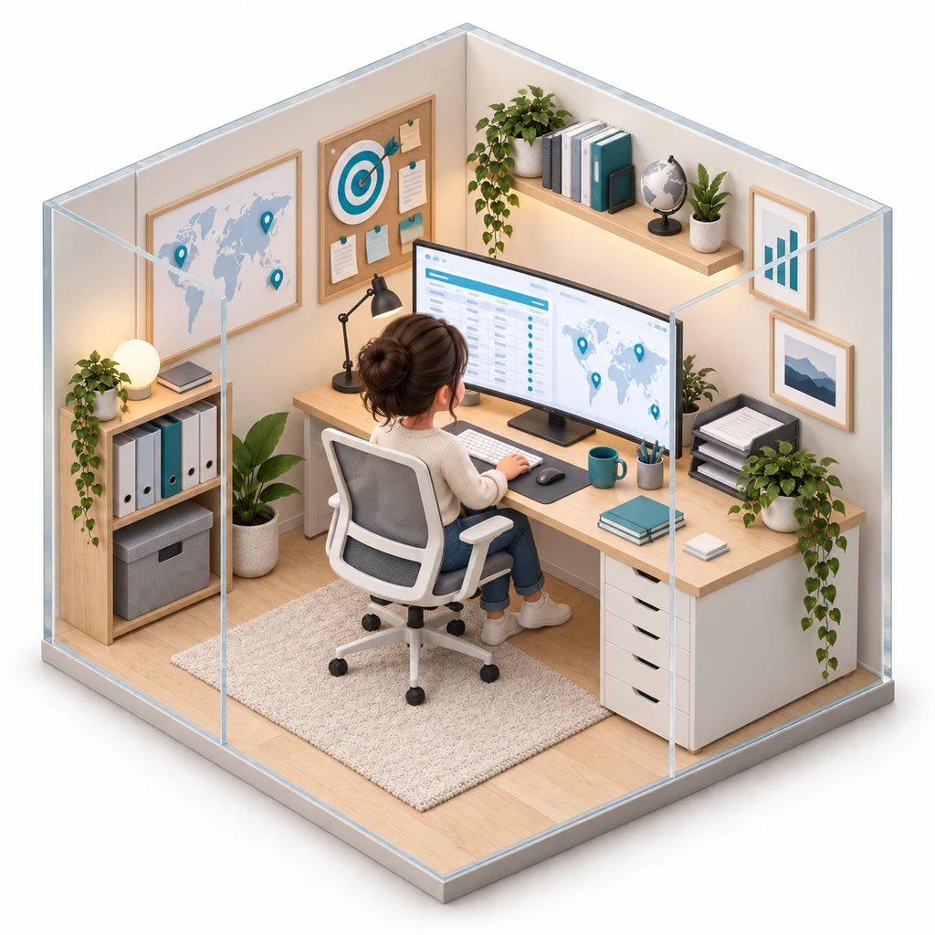 Lead List Researcher box — miniature isometric workroom