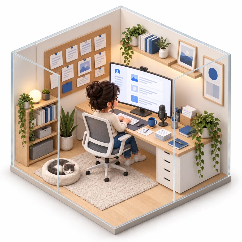 LinkedIn Ghostwriter box — miniature isometric workroom