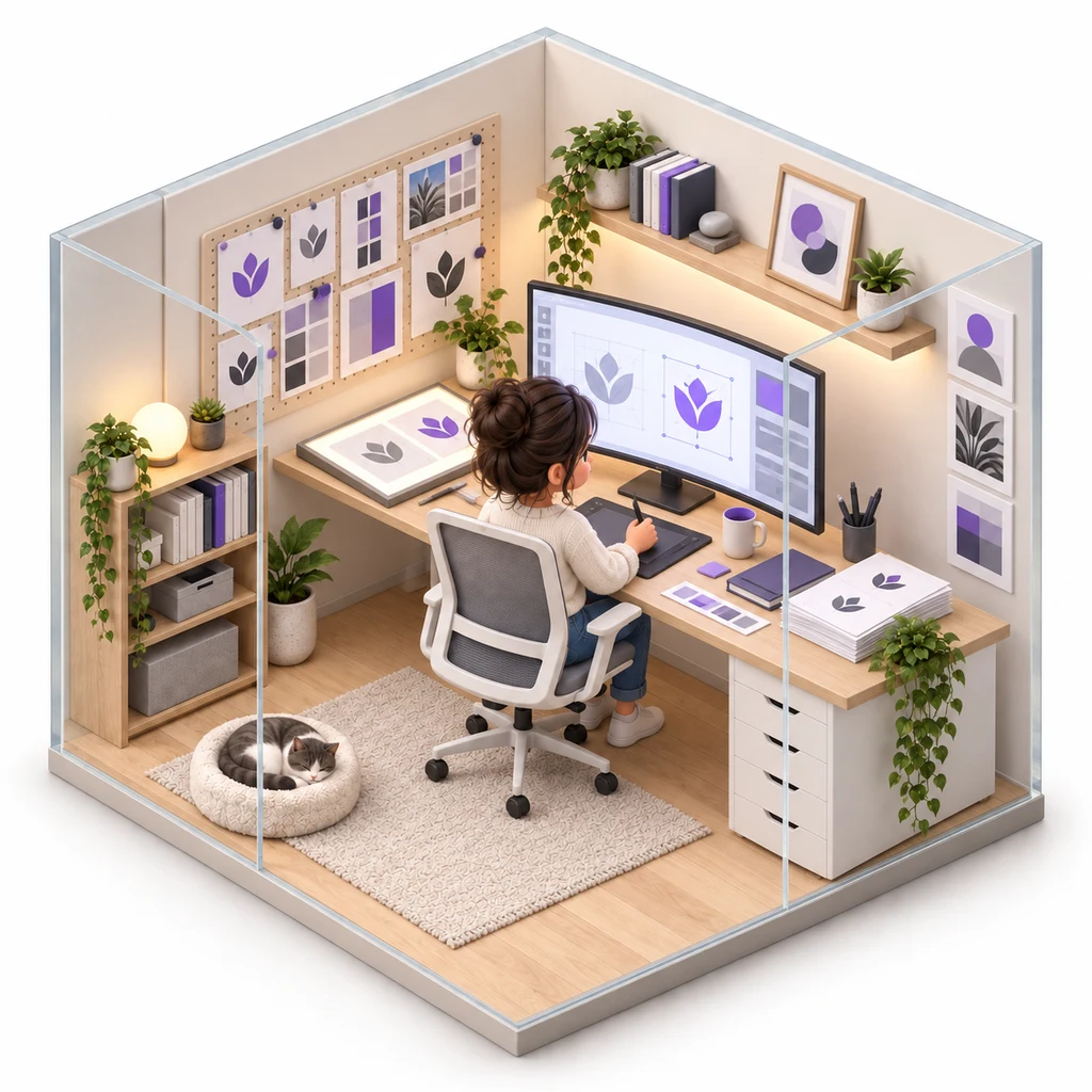 Logo Refresh box — miniature isometric workroom