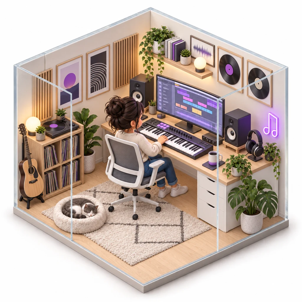 Music Creator box — miniature isometric workroom
