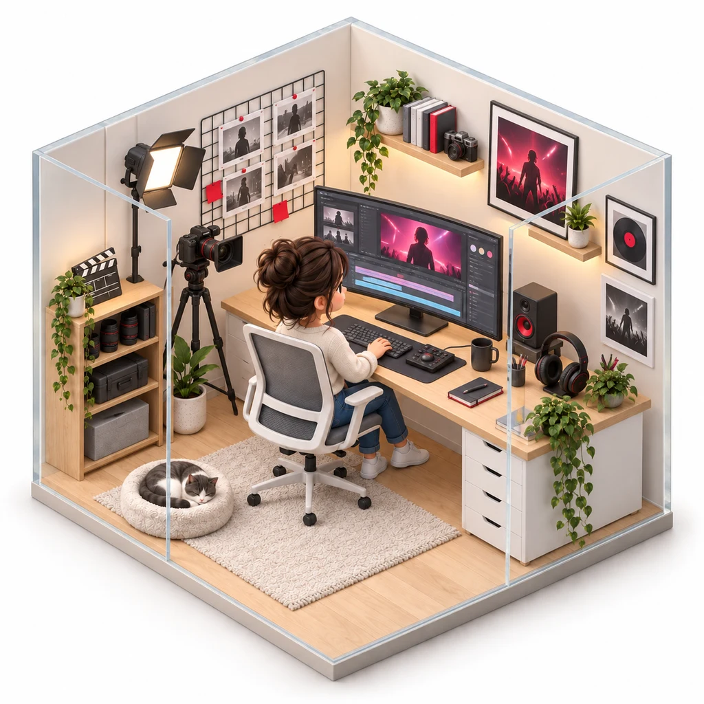 Music Video Creator box — miniature isometric workroom