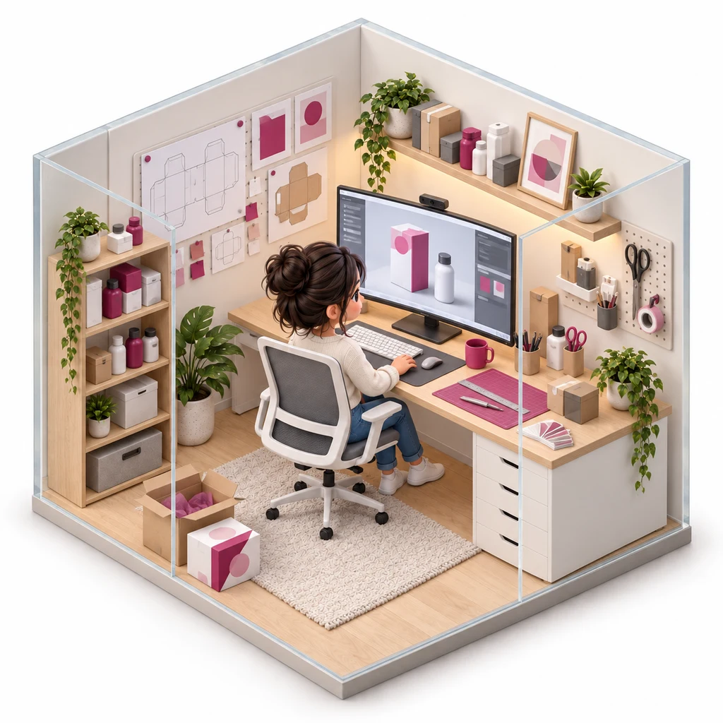 Packaging Mockup Lab box — miniature isometric workroom