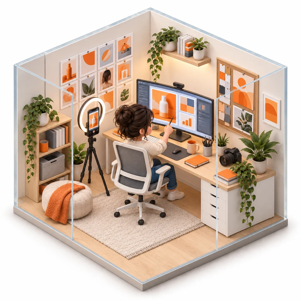 Paid Ad Creative box — miniature isometric workroom