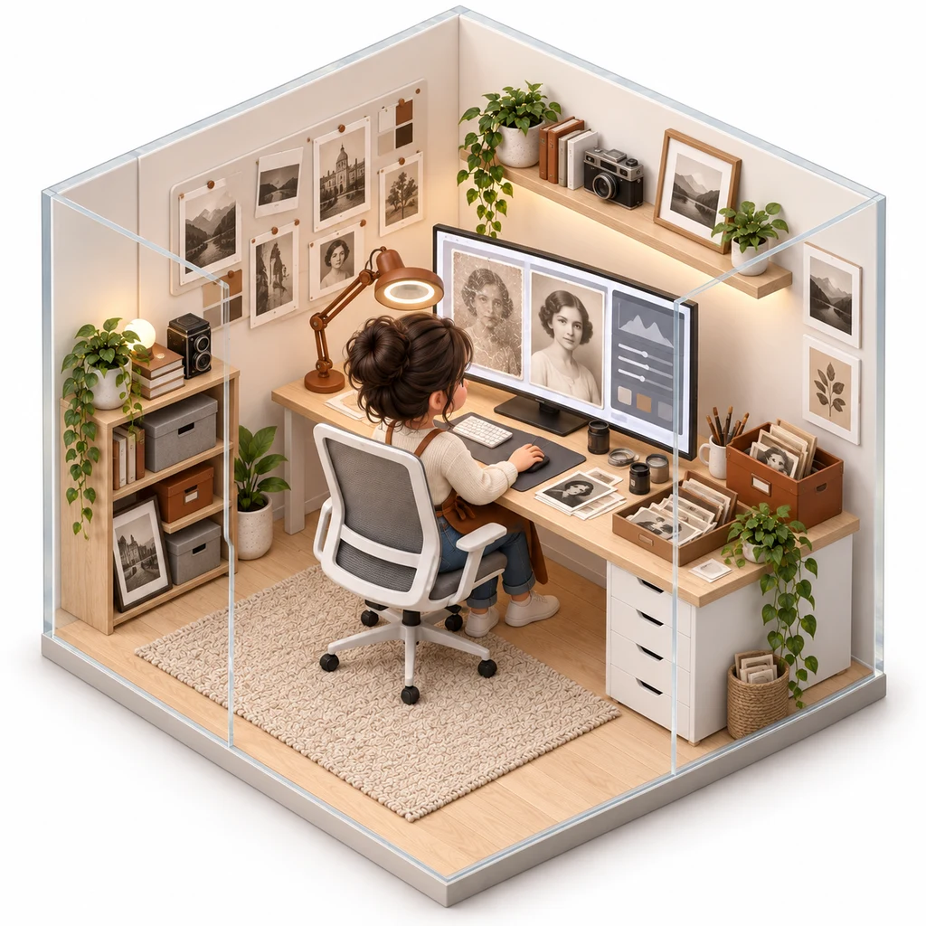 Photo Restoration box — miniature isometric workroom