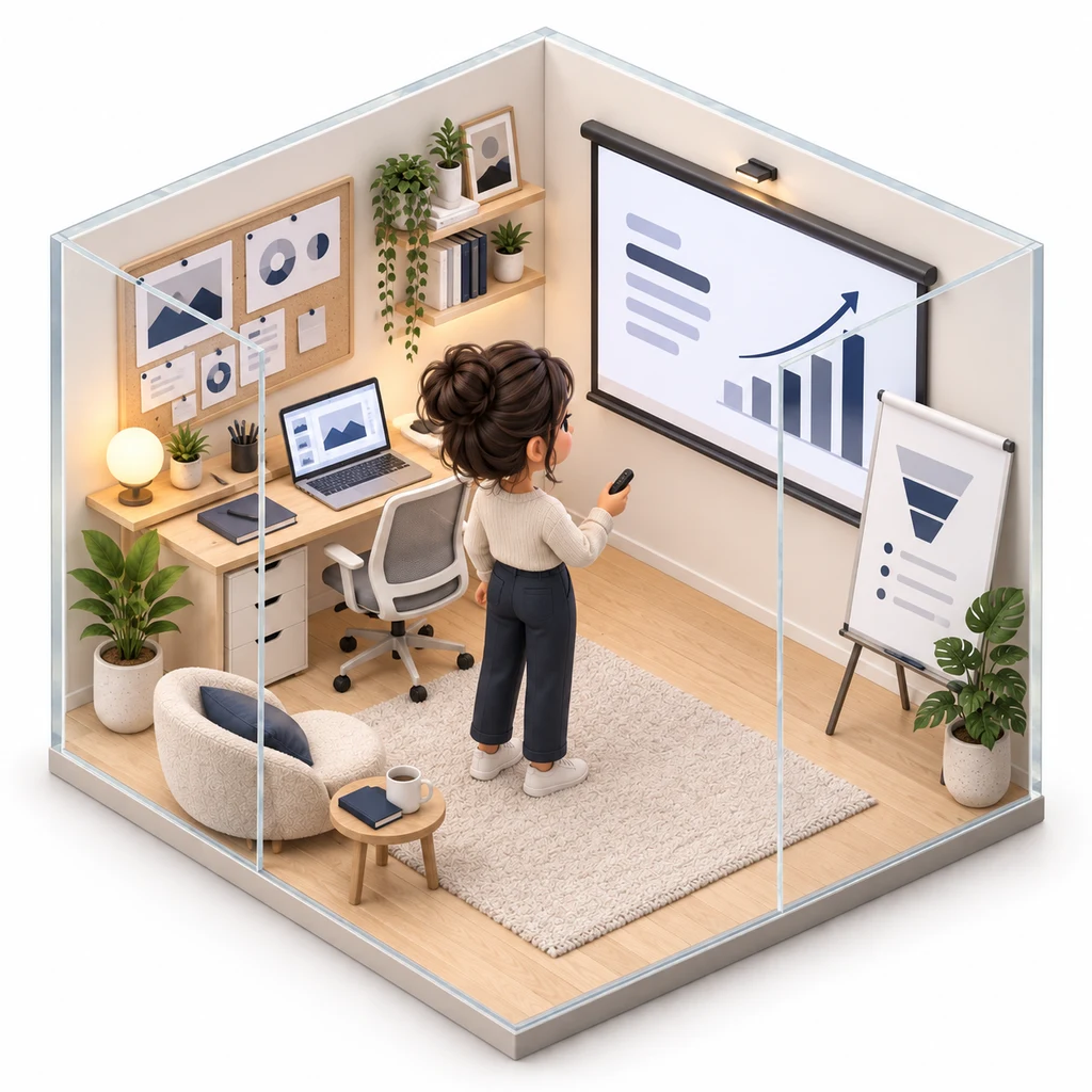 Pitch Deck Designer box — miniature isometric workroom
