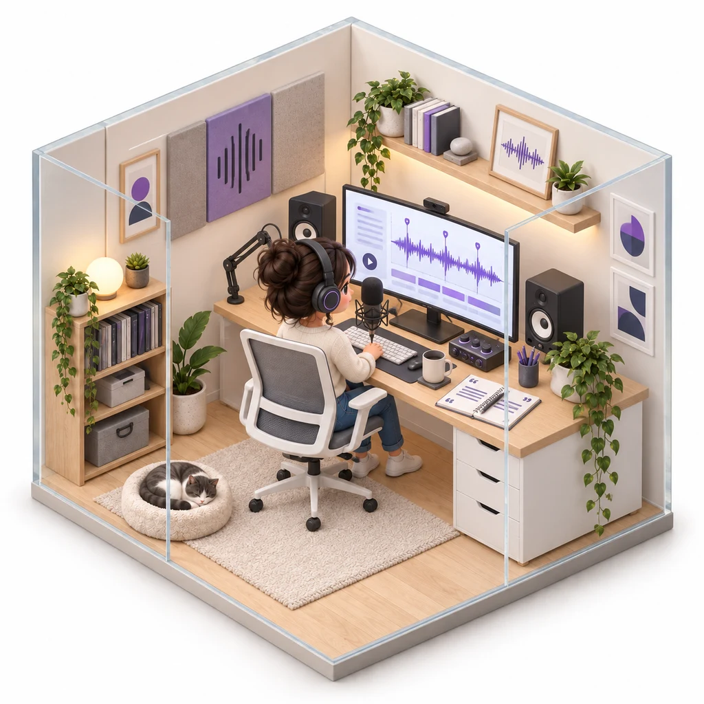 Podcast Show Notes box — miniature isometric workroom