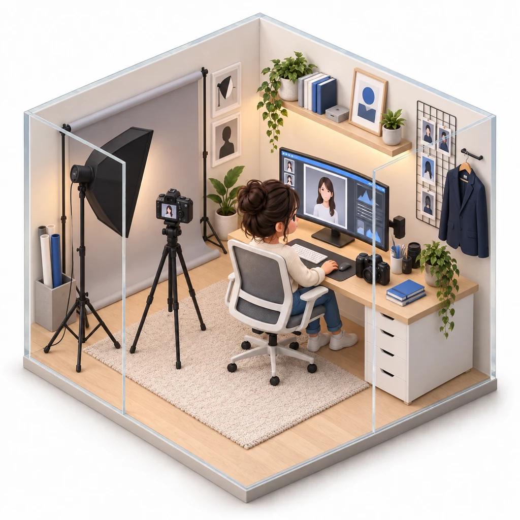 Headshot Studio box — miniature isometric workroom