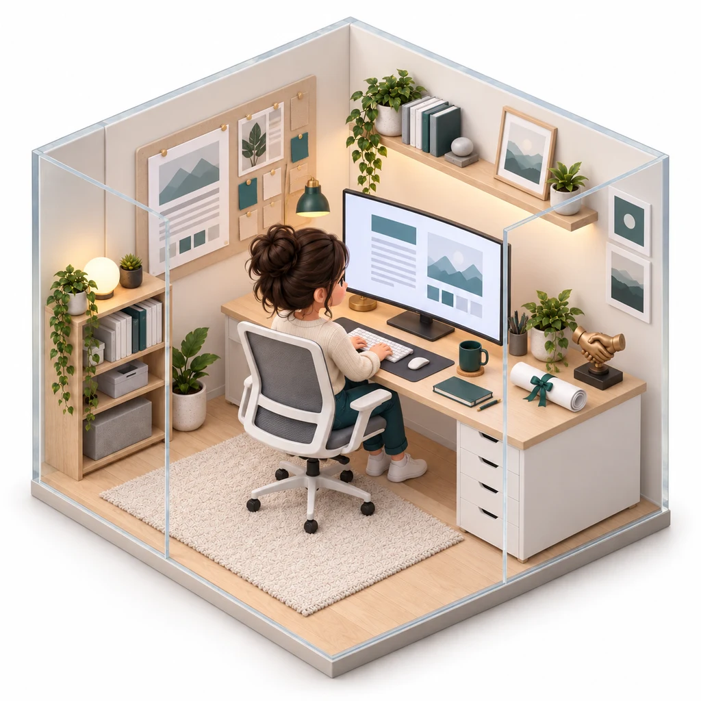 Proposal Writer box — miniature isometric workroom