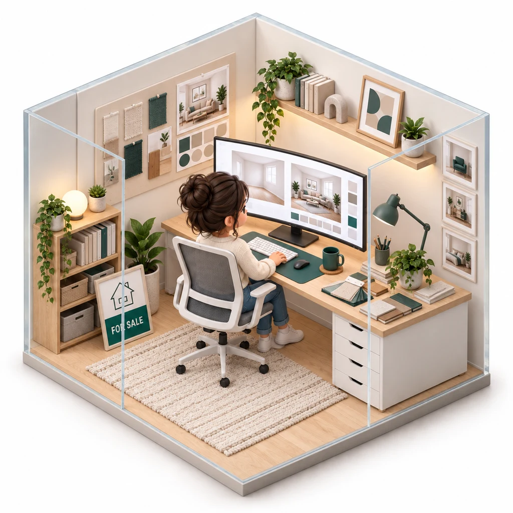 Virtual Staging box — miniature isometric workroom