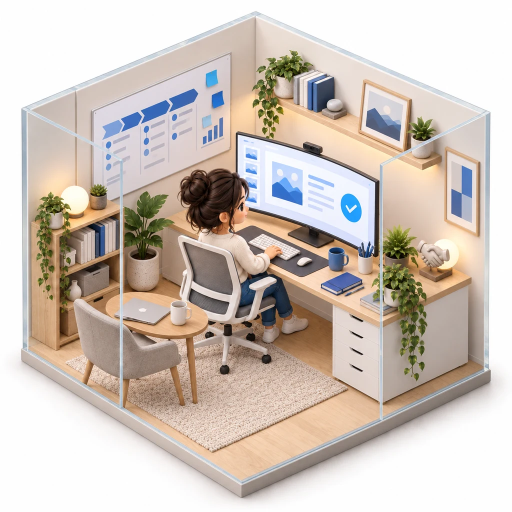 Sales Deck Builder box — miniature isometric workroom