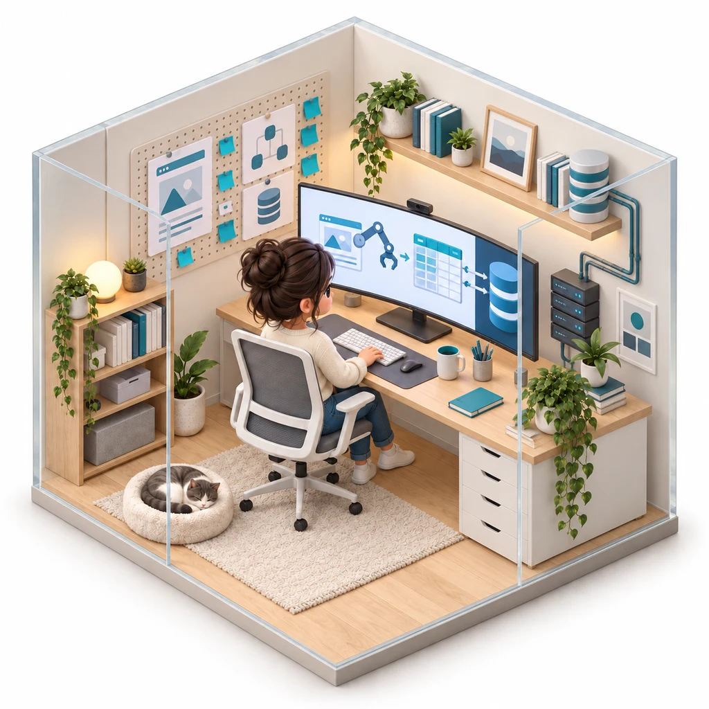 Scraper & Data Pipeline box — miniature isometric workroom