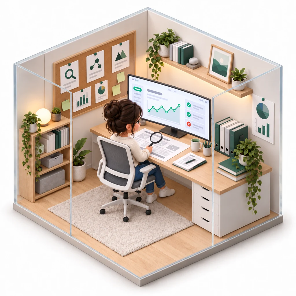 SEO Audit & Competitor Lab box — miniature isometric workroom