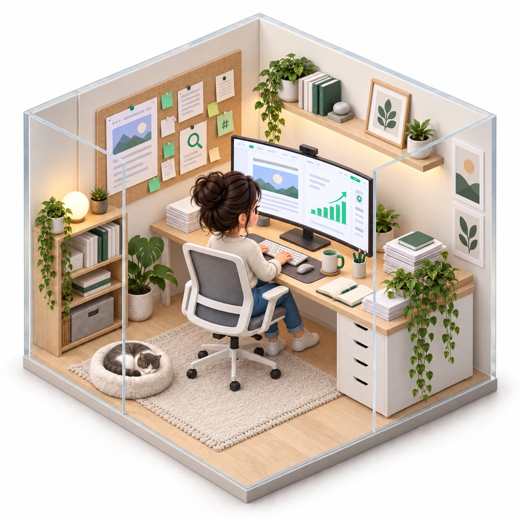 SEO Blog Writer box — miniature isometric workroom