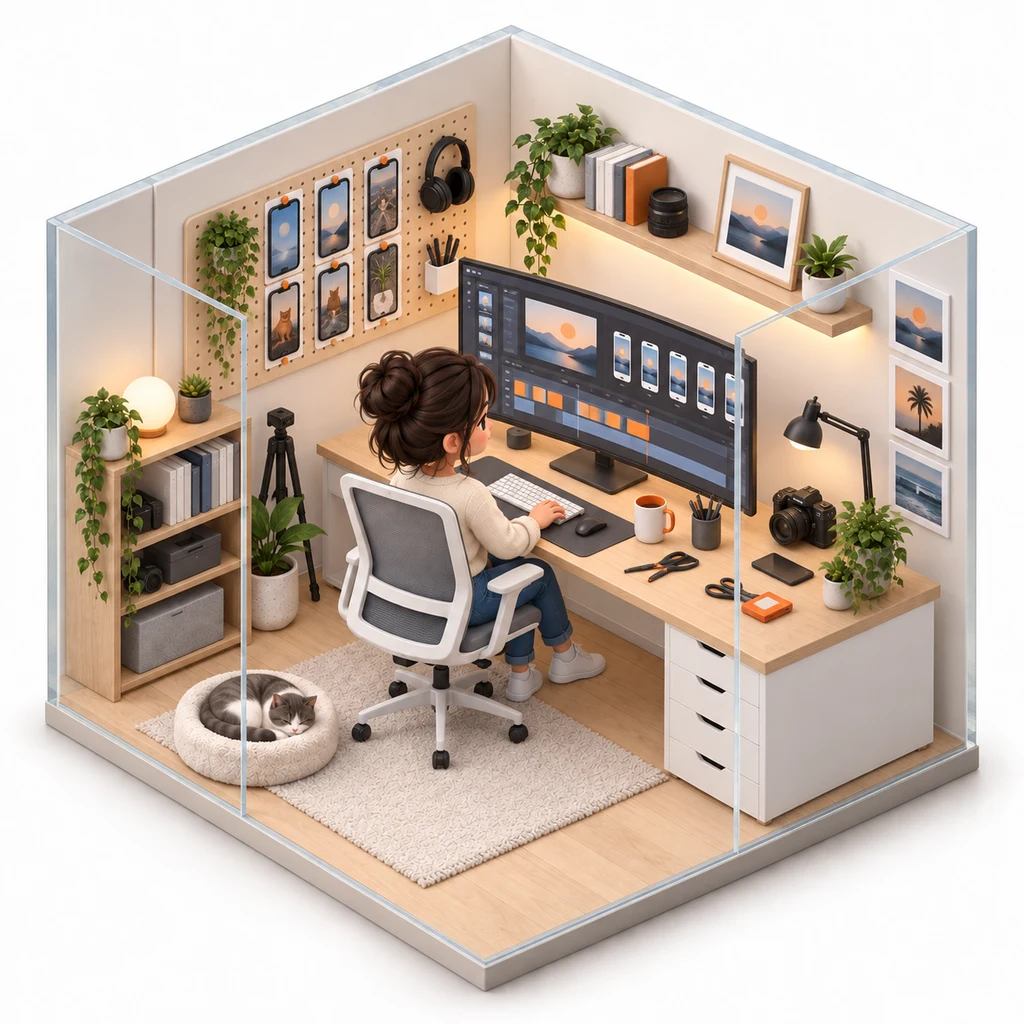Short-Form Clipper box — miniature isometric workroom