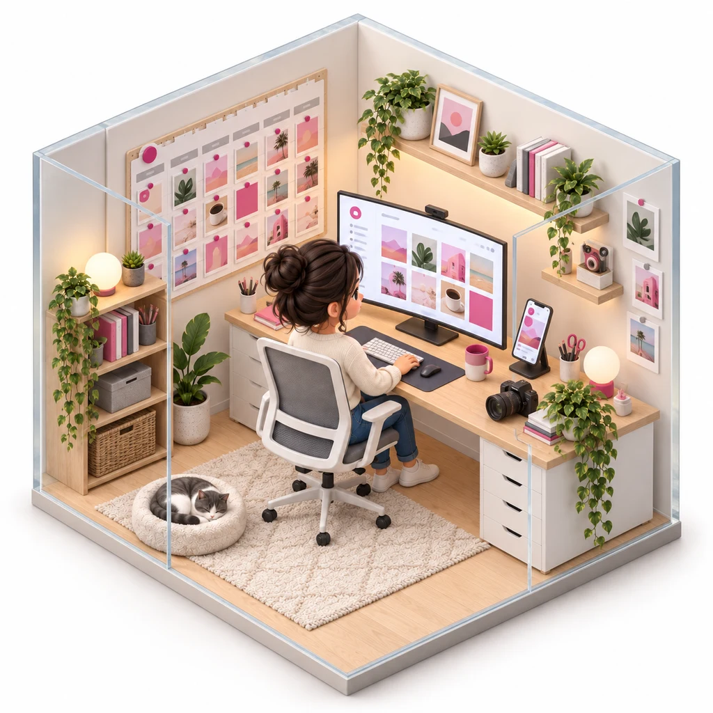 Social Content Month box — miniature isometric workroom