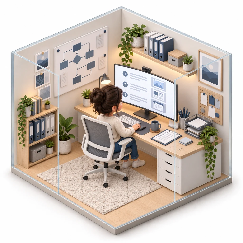SOP Builder box — miniature isometric workroom