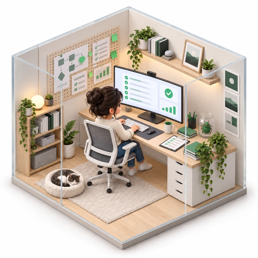 Test Suite Writer box — miniature isometric workroom