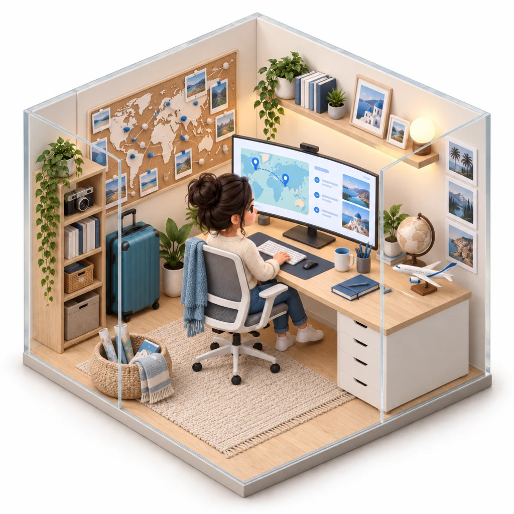 Trip Planner box — miniature isometric workroom