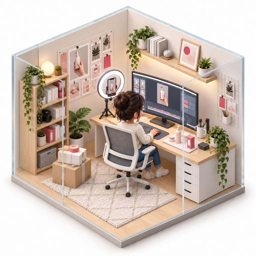 UGC Video Ads box — miniature isometric workroom