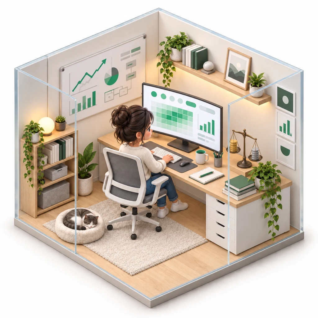 Unit Economics Model box — miniature isometric workroom
