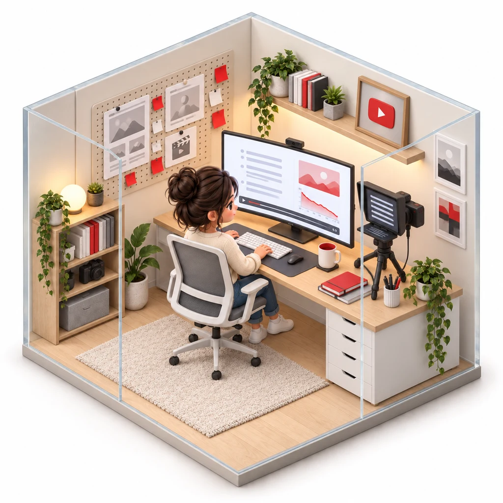 YouTube Script Studio box — miniature isometric workroom